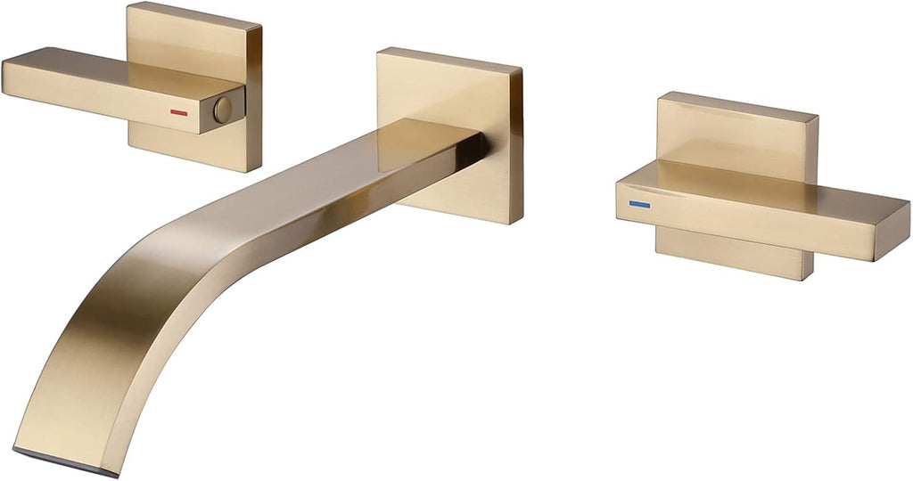 RBROHANT Brushed Brass Wall Mount Bathroom Faucet Brushed Gold Bathroom Sink Faucet, 2 Handles, Wall Mounted, Rough-in Valve Included, RB0997