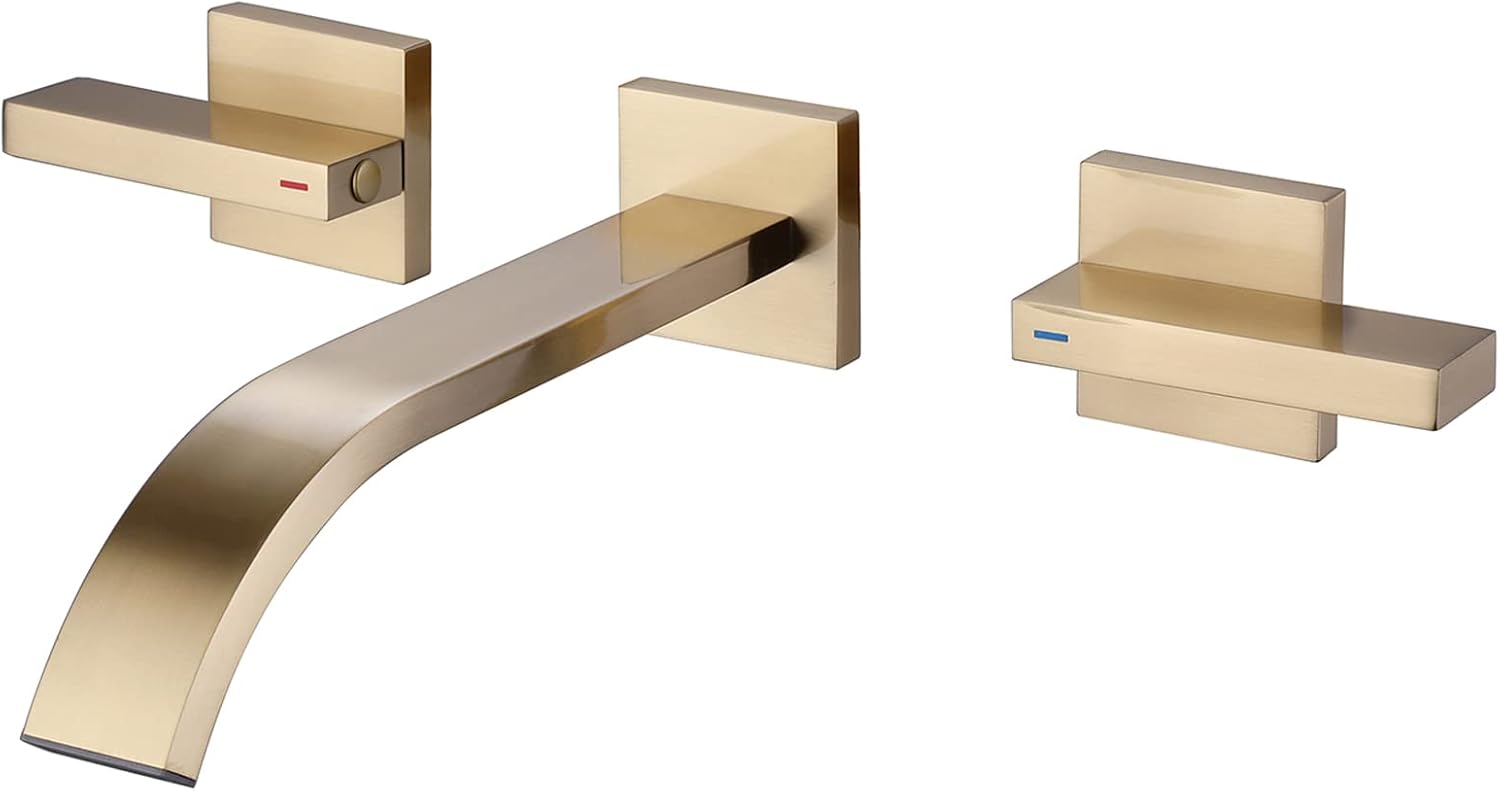 RBROHANT Brushed Brass Wall Mount Bathroom Faucet Brushed Gold Bathroom Sink Faucet, 2 Handles, Wall Mounted, Rough-in Valve Included, RB0997