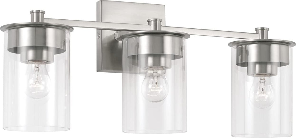 HomePlace by Capital Lighting 146831BN-532 Mason Transitional Clear Glass Cylinder Vanity Light for Bathroom, 3-Light 300 Total Watts, 9' H x 21' W, Brushed/Satin Nickel