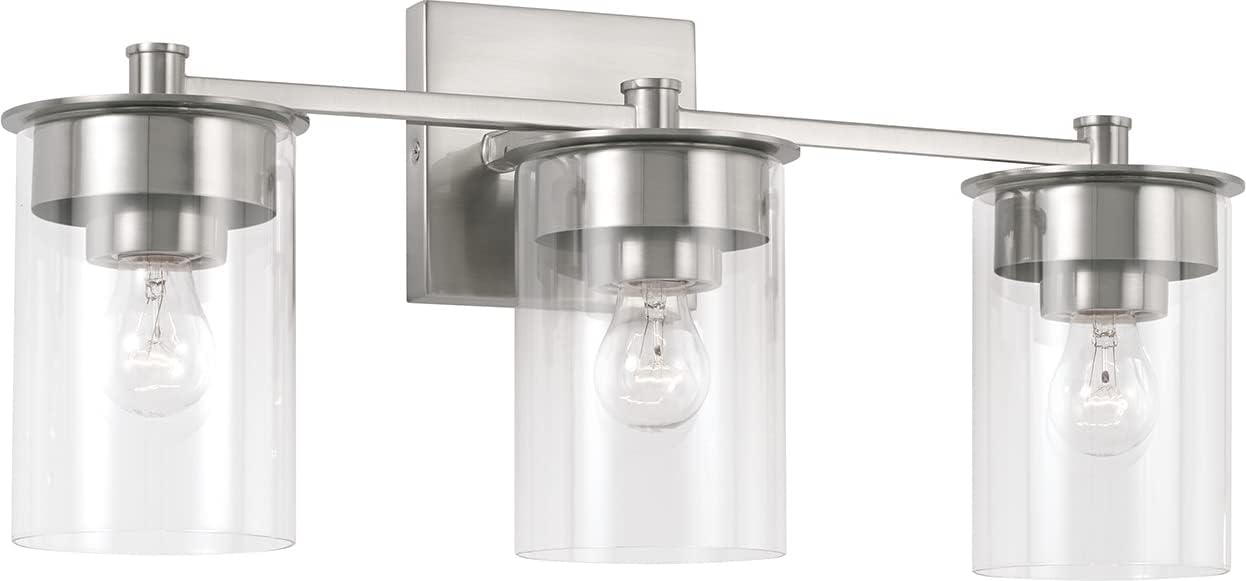 HomePlace by Capital Lighting 146831BN-532 Mason Transitional Clear Glass Cylinder Vanity Light for Bathroom, 3-Light 300 Total Watts, 9' H x 21' W, Brushed/Satin Nickel