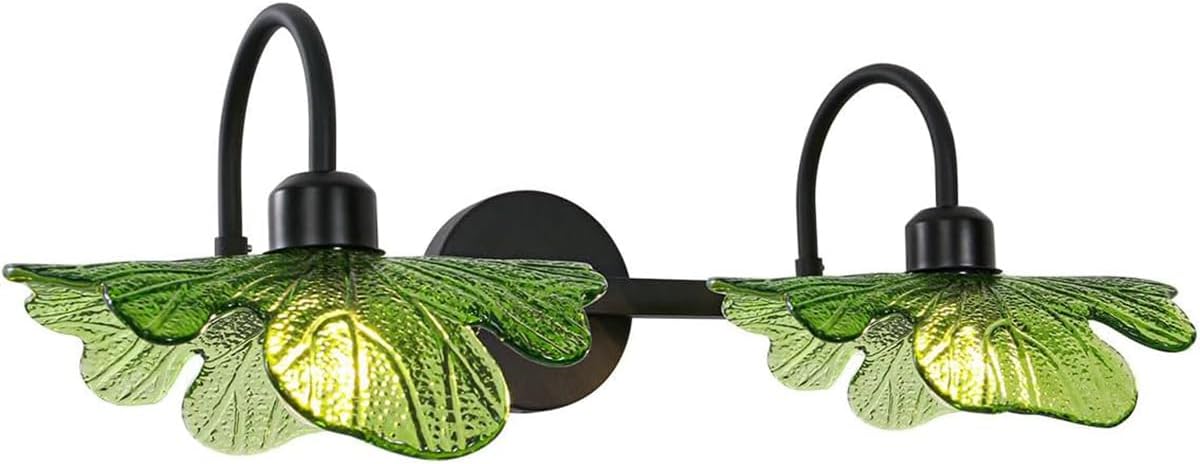 2-Light Wall Sconce Green Glass Vanity Light Vintage Matte Black Finished Mid Century Wall Sconce Light Black Wall Lighting Fixture for Bedside Doorway Bedroom, E26 Base