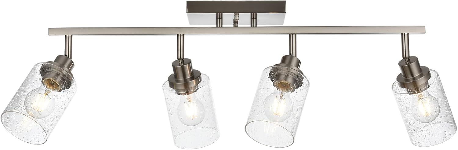 4-Light Brushed Nickel Kitchen Track Lighting Fixtures Ceiling Mount Track Lighting Kit with Bubble Seeded Glass Shade Modern Bathroom Tracking Vanity Lights Ceiling Tracking Accent Shop Light
