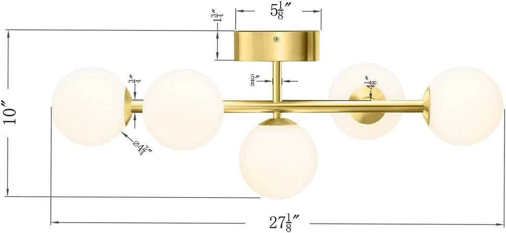 Bathroom Vanity Lights, 5-Light Bathroom Light Fixtures, Mid Century Modern Gold Bathroom Light Ceiling Light, Dimmable LED Wall Sconces Semi-Flush Mount Light Fixture with Milk Glass, Gold Brushed