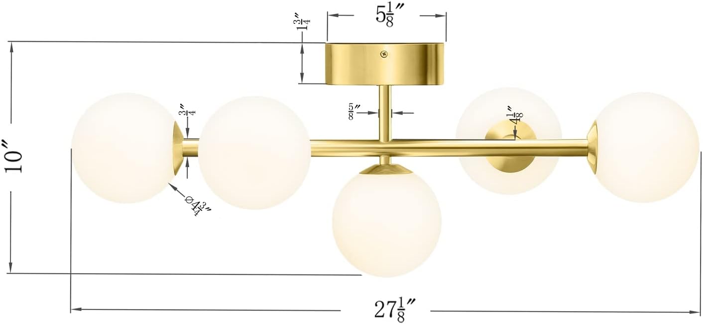 Bathroom Vanity Lights, 5-Light Bathroom Light Fixtures, Mid Century Modern Gold Bathroom Light Ceiling Light, Dimmable LED Wall Sconces Semi-Flush Mount Light Fixture with Milk Glass, Gold Brushed
