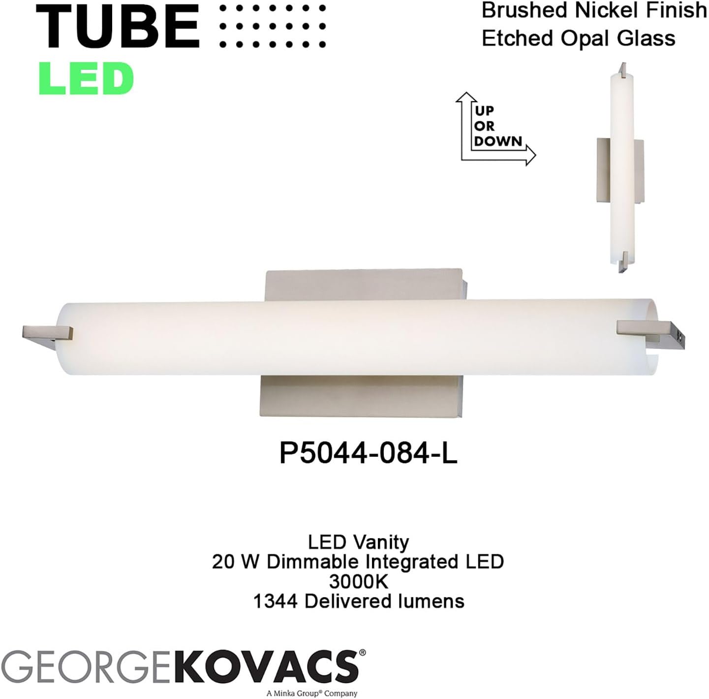 GEORGE KOVACS P5044-084-L Tube LED Vanity Bath Light, 1-Light, 20 Total Watts, 4.75-in H x 20.5-in W, Brushed Nickel