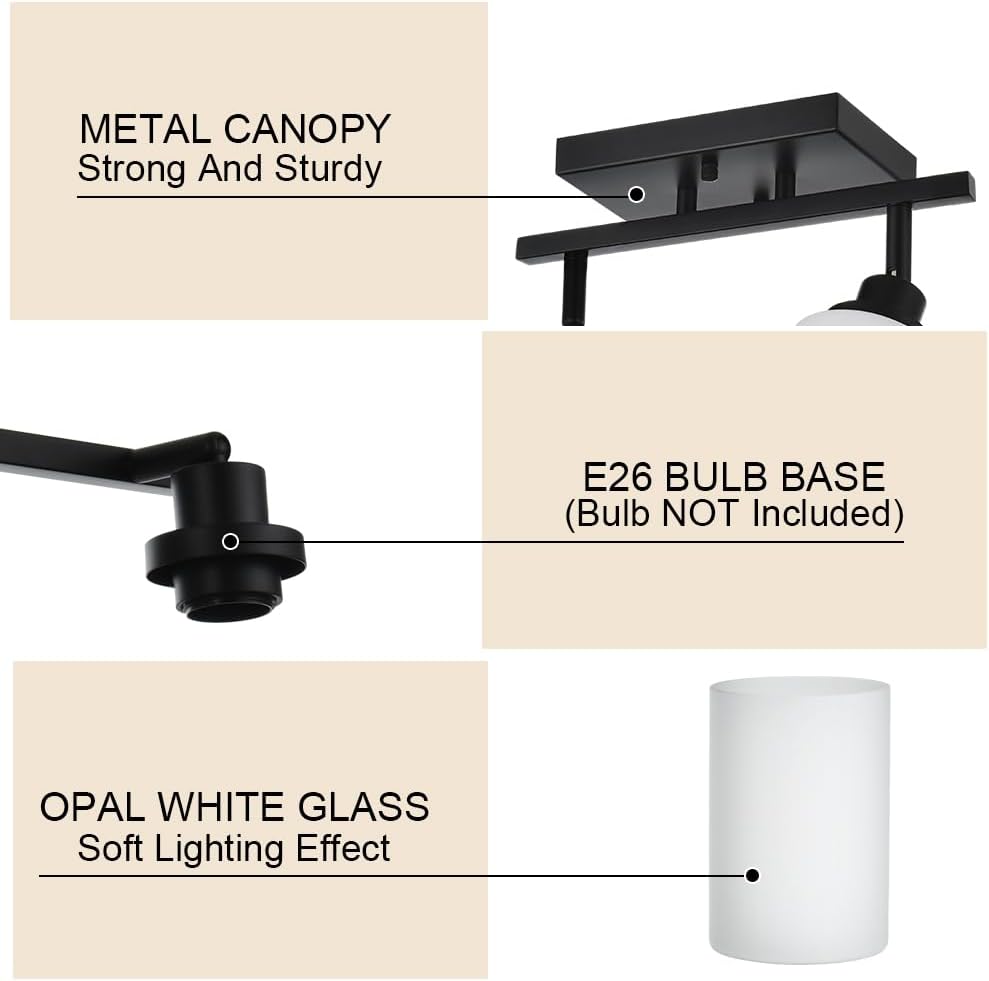 TODOLUZ 3-Lights Track Lighting Kit, Black Directional Ceiling Light Fixtures with Opal White Glass, Wall Mounted Spotlight for Kitchen Hallway