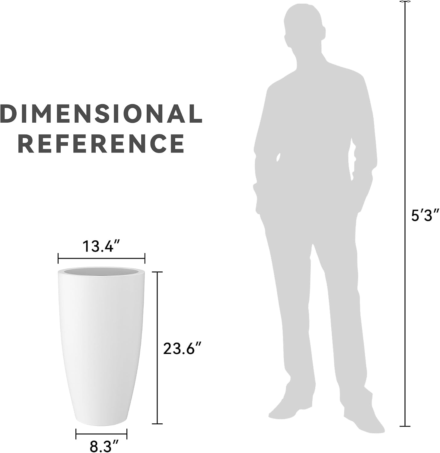 Kante 23.6' H Pure White Concrete Tall Planters (Set of 2), Large Outdoor Indoor Decorative Plant Pots with Drainage Hole and Rubber Plug, Modern Style for Home and Garden