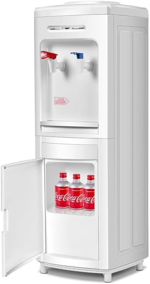 Pemberly Row Electric Water Dispenser, 5 Gallon Bottle Capacity, White Plastic, 11.8'x11.0'x31.5', Child Safety Lock, LED Indicator, Storage Cabinet, Top Load Design for Home or Office Use
