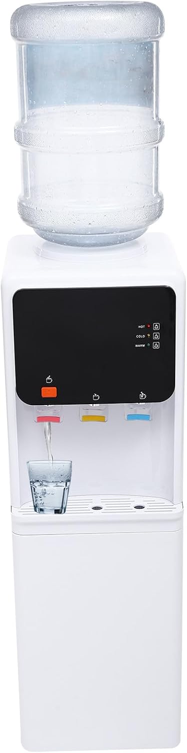 Top Loading Water Cooler Dispenser, Hot & Cold & Room Standing Water Dispenser for 1-4 Gallon Bottle, Child Safety Lock, Removable Drip Tray, Large Capacity Storage Cabinet, for Home, Office, School