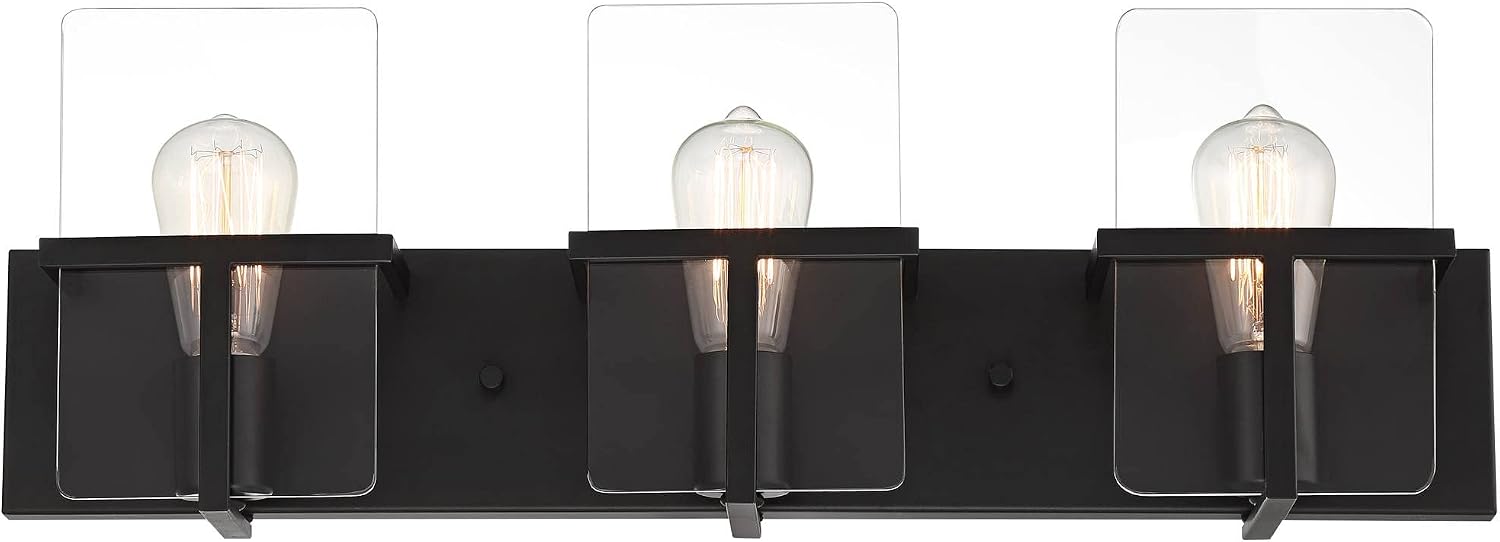 Possini Euro Design Trezza Modern Industrial Wall Mount Light Matte Black Hardwired 24' 3-Light Fixture Clear Glass Flat Panels for Bathroom Vanity Mirror House Home Living Room Hallway Decor
