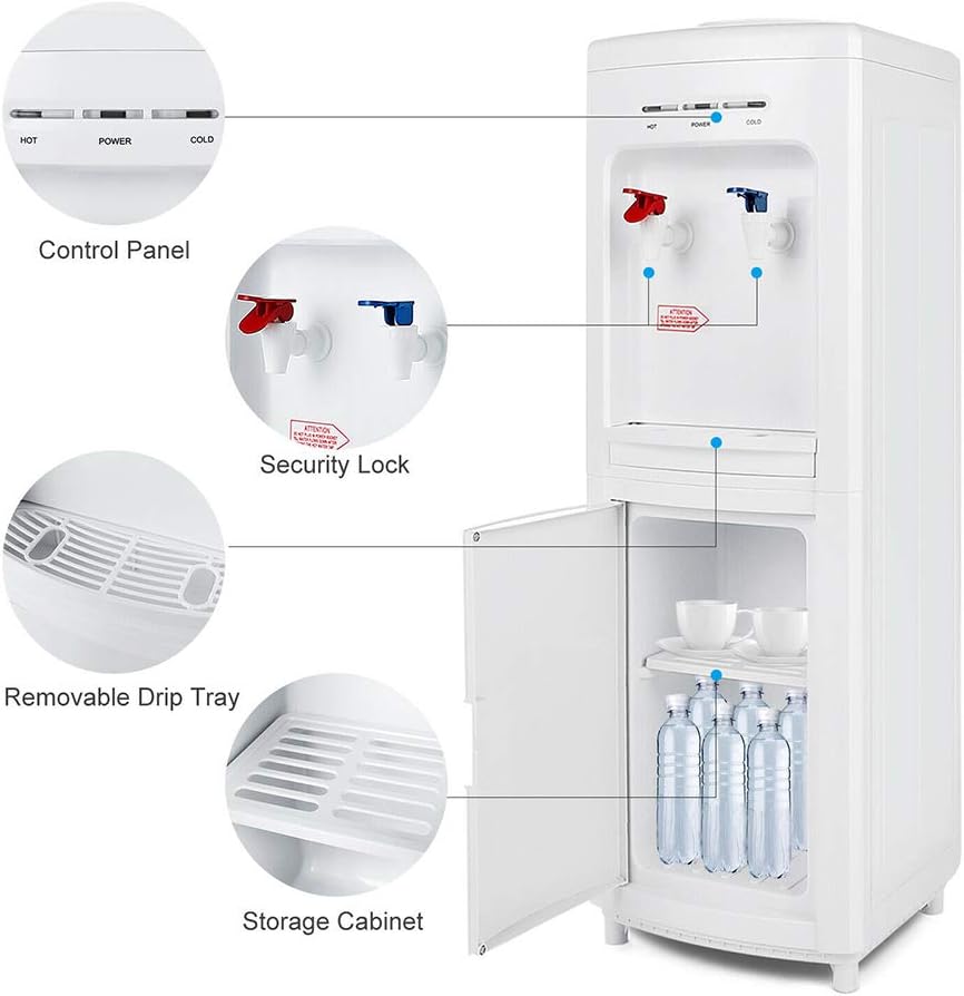 White Modern Top Loading Water Cooler Dispenser Freestanding 5 Gallon Cold Hot with Storage Cabinet Home Electric Countertop Office Plastic Stainless Steel 11.22'L x 11.42'W x 32.28'H