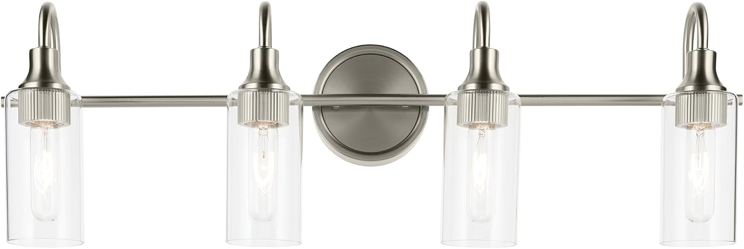 Kichler Kavi 31.5' 4-Light Bathroom Vanity Light Fixture with Clear Glass in Brushed Nickel, Damp Rated Modern Wall Mount for Powder Room Over Mirror (31.5' W x 10' H), 55212NI