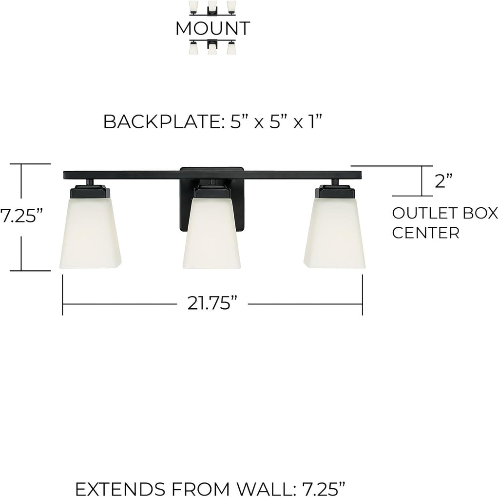 HomePlace Lighting 114431MB-334 Baxley Modern Soft White Glass Bathroom Vanity Wall Light, 3-Light 300 Total Watts, 7' H x 22' W, Matte Black