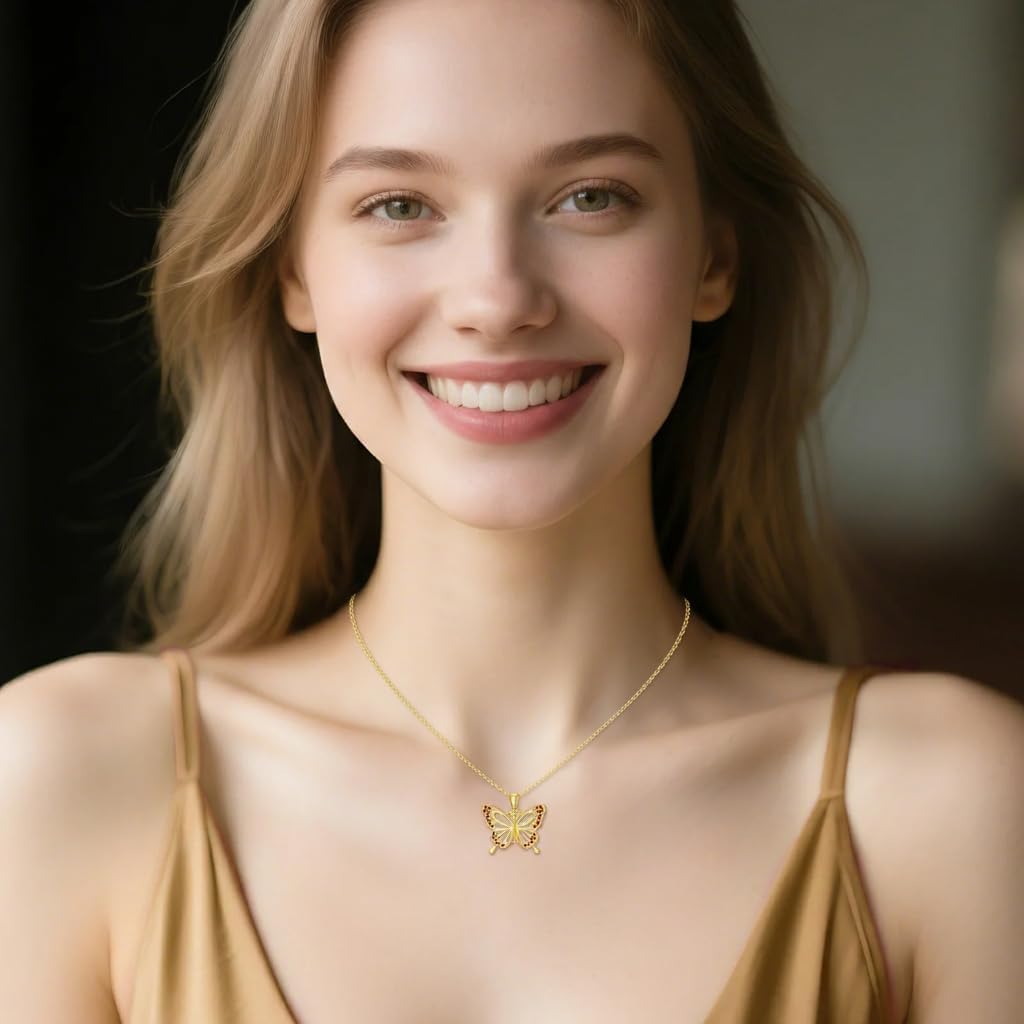 DOVRAN Real Solid Gold Birthstone Butterfly/Dragonfly/Bee/Hummingbird Necklace for Women Yellow Gold Animal Pendant for Christmas Dainty Jewelry Birthday Gifts for Mom Wife