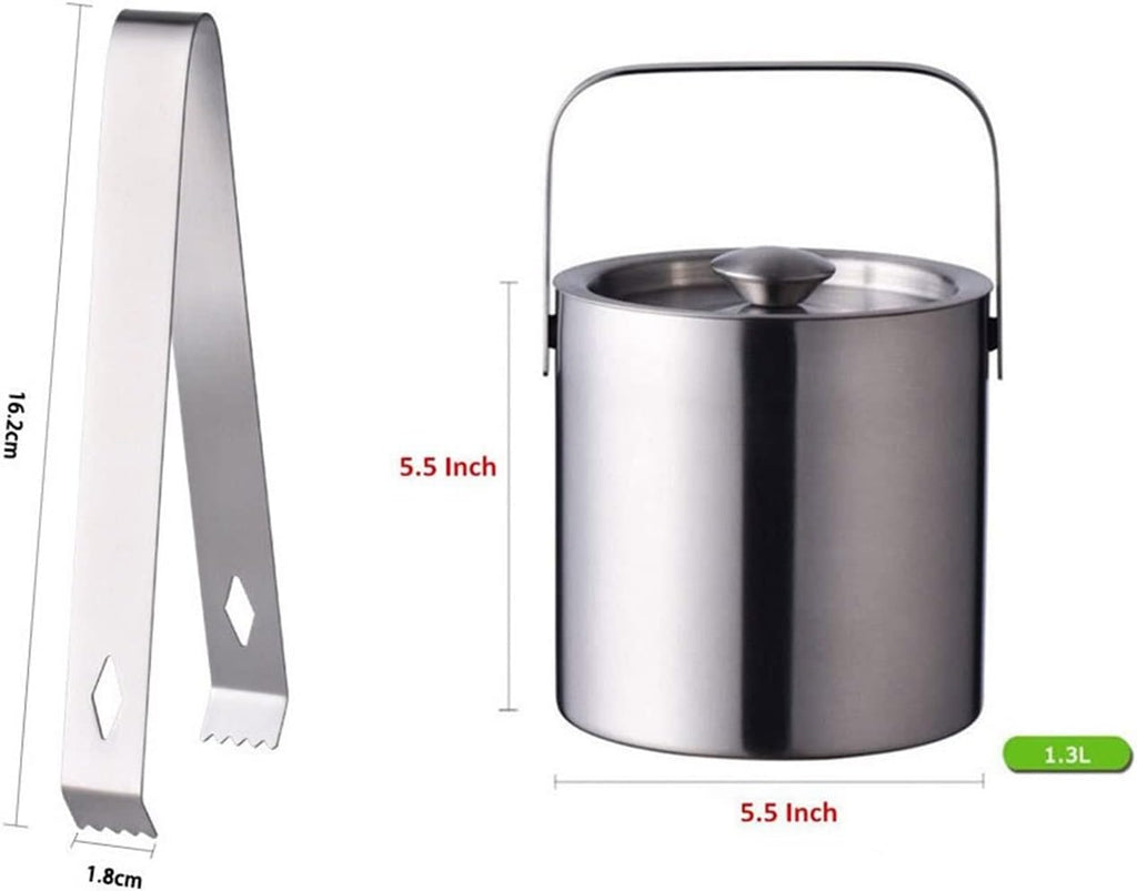 Ice Buckets 1.3L Portable Double Wall Stainless Steel Ice Bucket with Tong - Ice Buckets for Parties, Outdoor and Indoor Insulated Ice Bucket