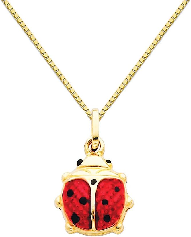 The World Jewelry Center 14k Yellow Gold Lady Bug Enamel Pendant with 0.8mm Box Link Chain Necklace
