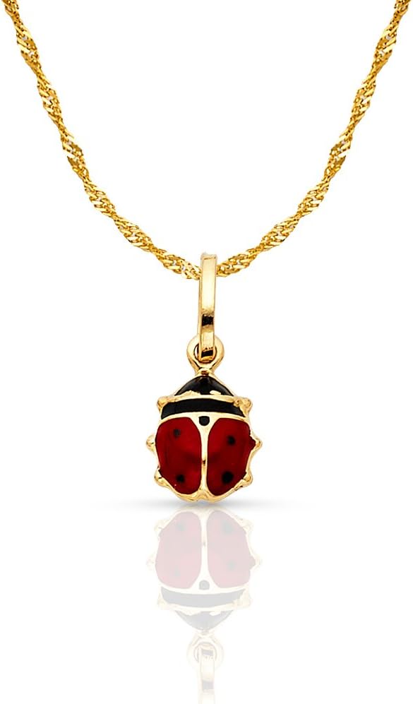 Ioka 14K Yellow Gold Lady Bug Colored Enamel Lucky Charm Pendant with 0.9mm Singapore Chain Necklace