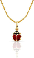 Ioka 14K Yellow Gold Lady Bug Colored Enamel Lucky Charm Pendant with 0.9mm Singapore Chain Necklace