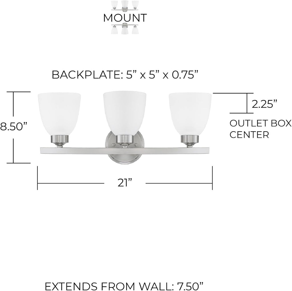 HomePlace Lighting 114331BN-333 Jameson Transitional Soft White Glass Bathroom Vanity Wall Light, 3-Light 300 Total Watts, 9' H x 21' W, Brushed Nickel