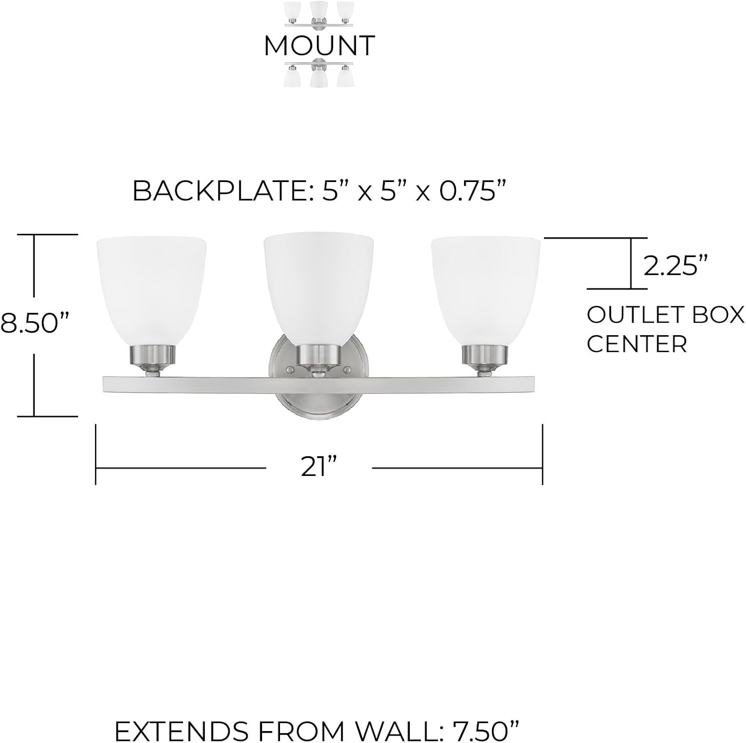 HomePlace Lighting 114331BN-333 Jameson Transitional Soft White Glass Bathroom Vanity Wall Light, 3-Light 300 Total Watts, 9' H x 21' W, Brushed Nickel