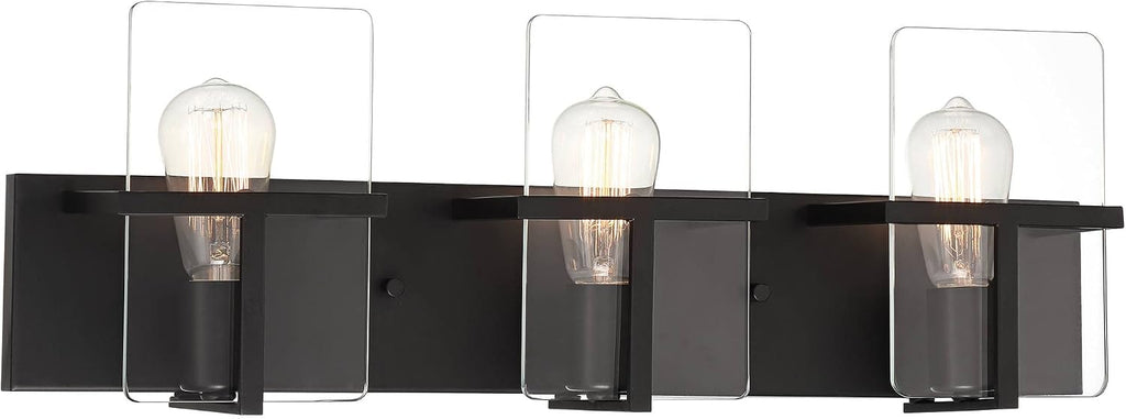 Possini Euro Design Trezza Modern Industrial Wall Mount Light Matte Black Hardwired 24' 3-Light Fixture Clear Glass Flat Panels for Bathroom Vanity Mirror House Home Living Room Hallway Decor