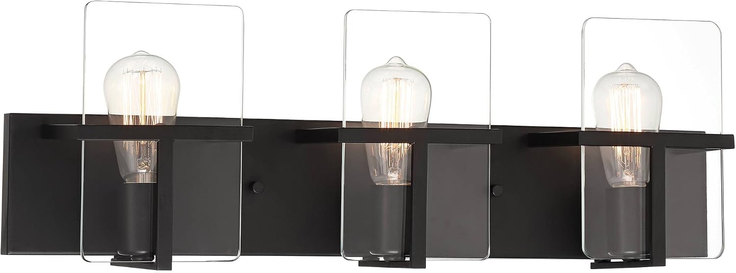 Possini Euro Design Trezza Modern Industrial Wall Mount Light Matte Black Hardwired 24' 3-Light Fixture Clear Glass Flat Panels for Bathroom Vanity Mirror House Home Living Room Hallway Decor