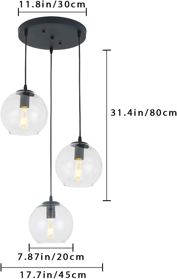 Globe Pendant Light, Modern Hanging Lighting Fixture, Classic Cluster Chandelier with Clear Glass Shades(Black, 3 Lights, 11.8 Inch)