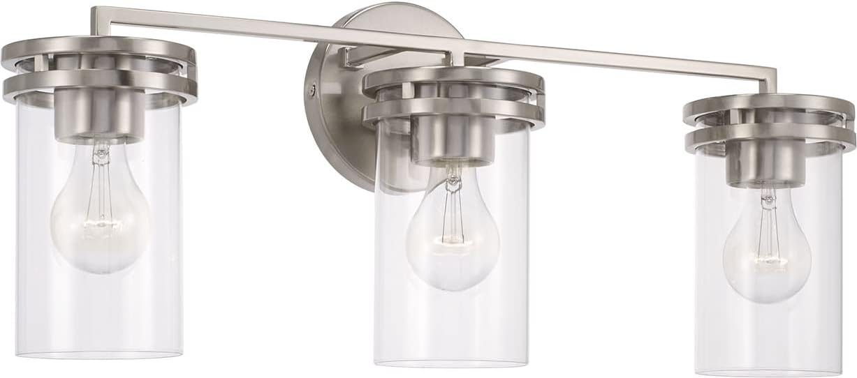 HomePlace by Capital Lighting 148731BN-539 Fuller Transitional Clear Glass Cylinder Vanity Light for Bathroom, 3-Light 300 Total Watts, 10' H x 24' W, Brushed/Satin Nickel