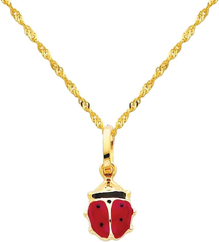 14k Yellow Gold Lady Bug Enamel Charm Pendant with 1.2mm Singapore Chain Necklace