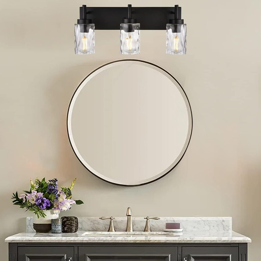 BONLICHT Vanity Light Fixtures 3 Light Modern Wall Sconces Lighting Black Bathroom Lights Wall Mounted with Hammered Glass Shade,Farmhouse Wall Light for Mirror Cabinets, Powder Room, Dressing Table