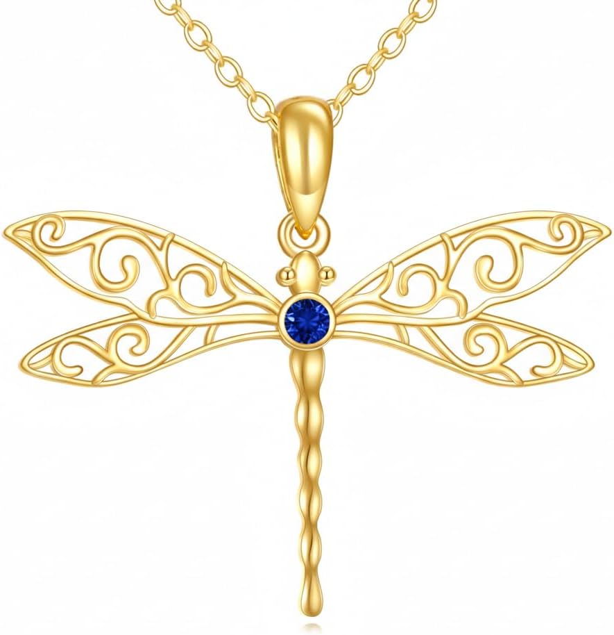 DOVRAN Real Solid Gold Birthstone Butterfly/Dragonfly/Bee/Hummingbird Necklace for Women Yellow Gold Animal Pendant for Christmas Dainty Jewelry Birthday Gifts for Mom Wife