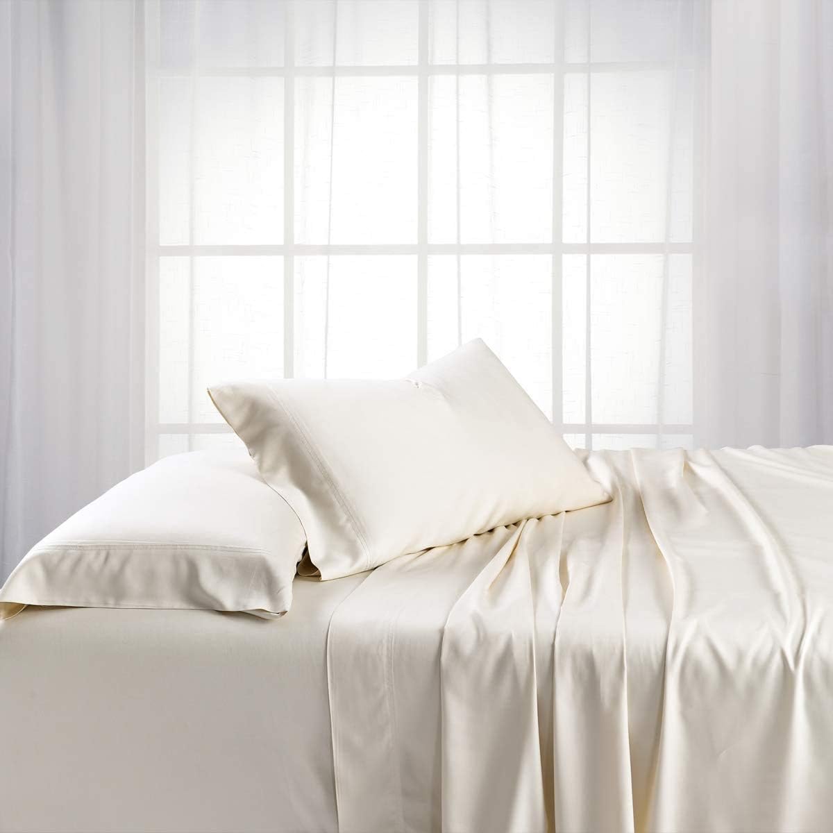Solid 600-Thread-Count, Viscose Derived from Bamboo, Super Soft and Cool Bed Sheets Set (Twin Extra Long-XL, Ivory)