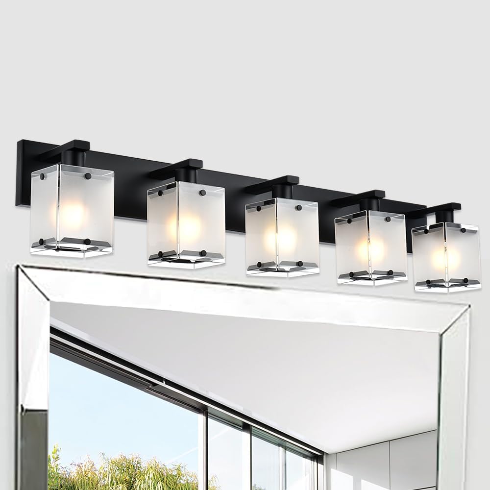 5-Lights Bathroom Light Fixtures, Matte Black Modern Vanity Lights with Rectangular Frosted Glass for Over Mirror Dressing Table, E26 Bulb Base