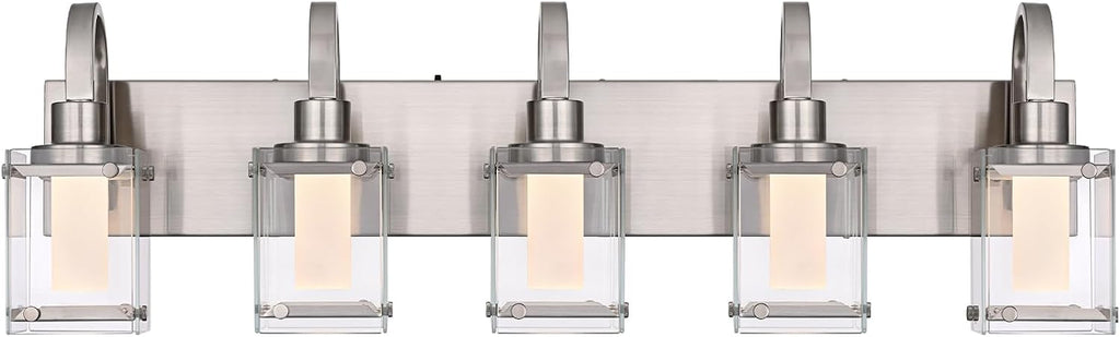 5-Light Brushed Nickel Vanity Light Fixtures, Modern LED Bathroom Wall Lights for Dressing Room, Integrated LED Chips with Frosted Column & Clear Square Glass Shades, Energy Saving Wall Sconce