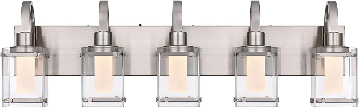 5-Light Brushed Nickel Vanity Light Fixtures, Modern LED Bathroom Wall Lights for Dressing Room, Integrated LED Chips with Frosted Column & Clear Square Glass Shades, Energy Saving Wall Sconce