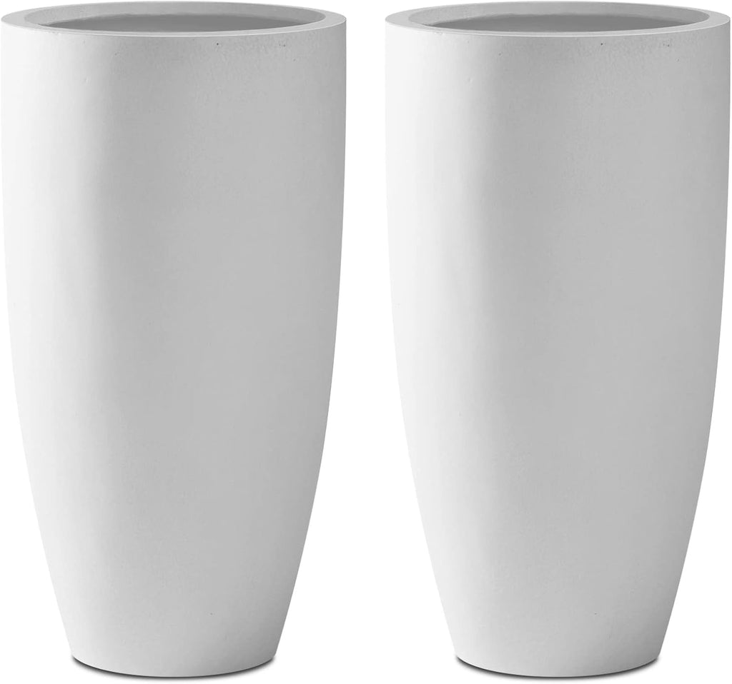 Kante 23.6' H Pure White Concrete Tall Planters (Set of 2), Large Outdoor Indoor Decorative Plant Pots with Drainage Hole and Rubber Plug, Modern Style for Home and Garden