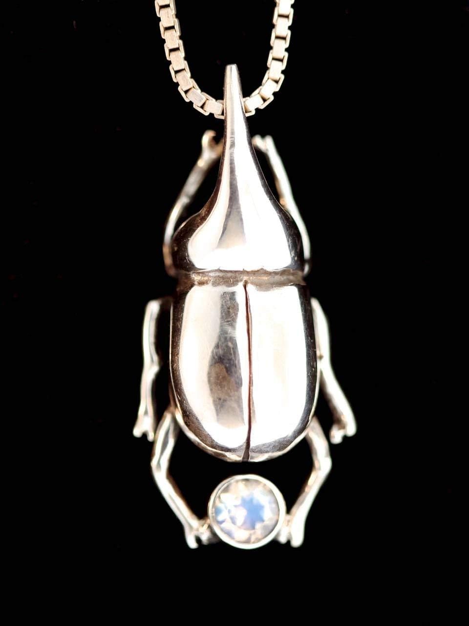 Bug Jewelry Sterling Silver Rhinoceros Beetle Pendant with Gemstone