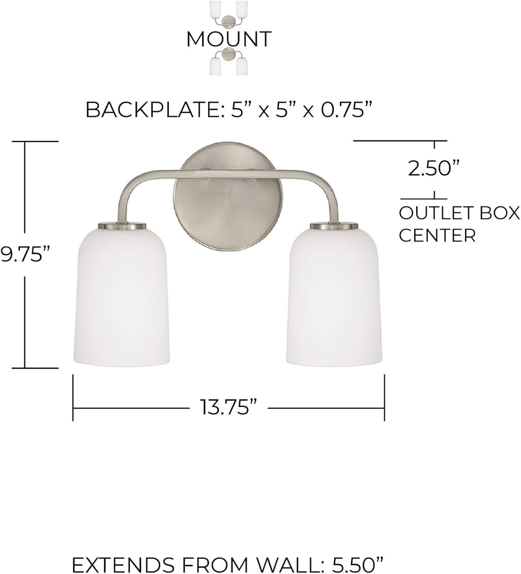 HomePlace Lighting 148821BN-542 Lawson Transitional Soft White Glass Bell Vanity Light for Bathroom, 2-Light 200 Total Watts, 10' H x 14' W, Brushed/Satin Nickel