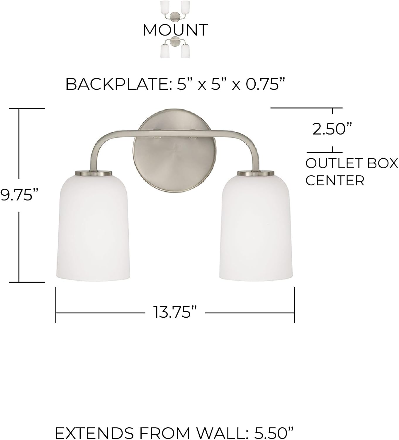 HomePlace Lighting 148821BN-542 Lawson Transitional Soft White Glass Bell Vanity Light for Bathroom, 2-Light 200 Total Watts, 10' H x 14' W, Brushed/Satin Nickel