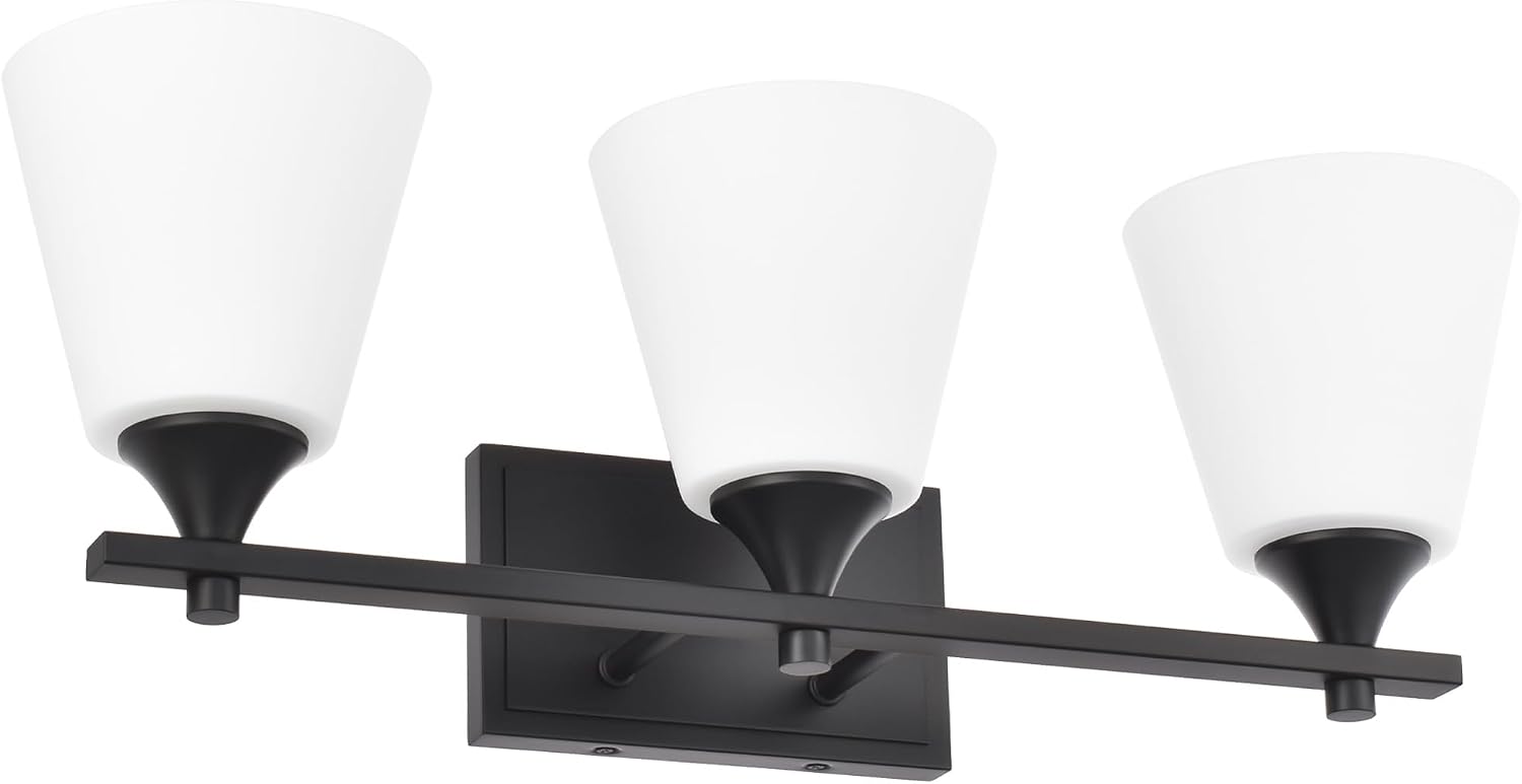 Black Bathroom Vanity Light Fixtures, 3 Lights Traditional Vanity Lighting Fixture with Opal Glass Shade, Porch Wall Mount Light Fixture for Bathroom, Mirror Cabinets Hallway Stairs, Matte Black