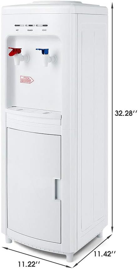 White Modern Top Loading Water Cooler Dispenser Freestanding 5 Gallon Cold Hot with Storage Cabinet Home Electric Countertop Office Plastic Stainless Steel 11.22'L x 11.42'W x 32.28'H