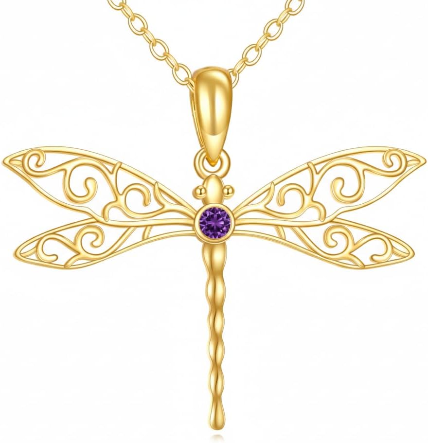 DOVRAN Real Solid Gold Birthstone Butterfly/Dragonfly/Bee/Hummingbird Necklace for Women Yellow Gold Animal Pendant for Christmas Dainty Jewelry Birthday Gifts for Mom Wife
