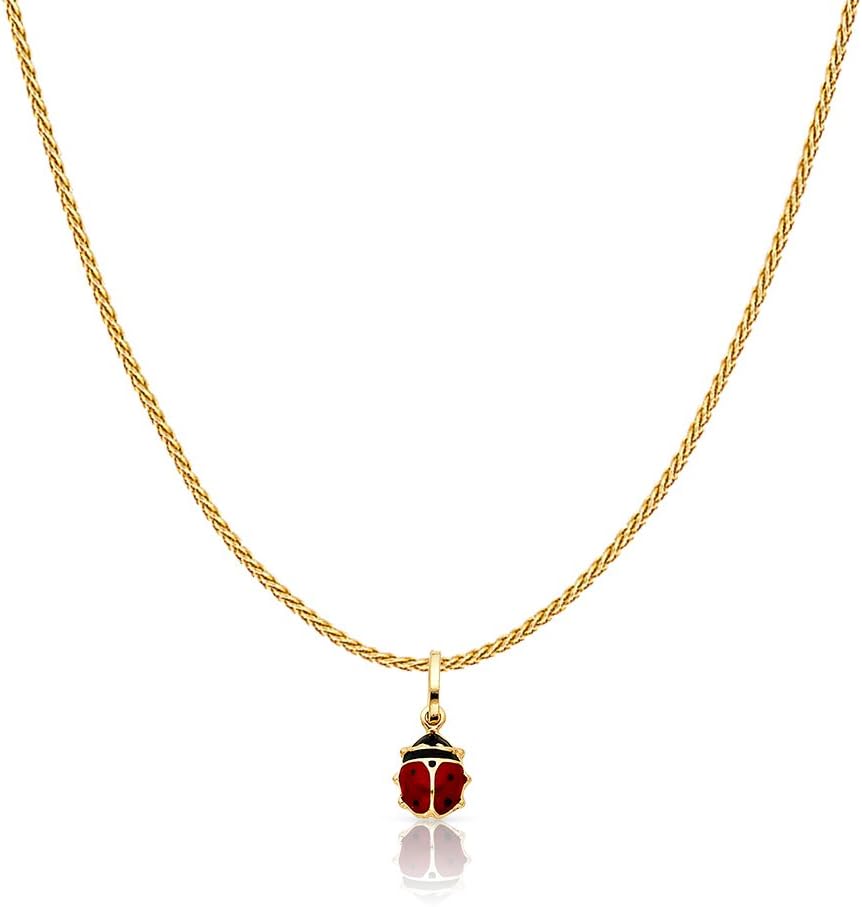 Ioka 14K Yellow Gold Lady Bug Colored Enamel Lucky Charm Pendant with 0.9mm Wheat Chain Necklace