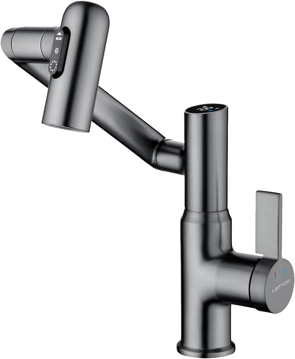 Lefton Rotatable Bathroom Faucet with Temperature Display in Fahrenheit (Batteries-Free), 3 Water Modes, Dark Grey, BF2204-2