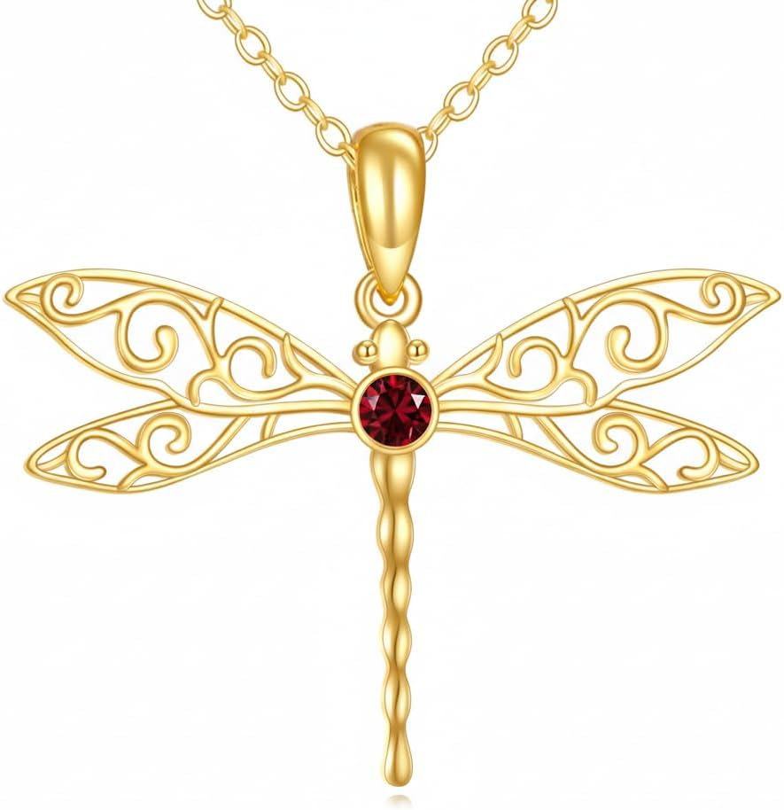 DOVRAN Real Solid Gold Birthstone Butterfly/Dragonfly/Bee/Hummingbird Necklace for Women Yellow Gold Animal Pendant for Christmas Dainty Jewelry Birthday Gifts for Mom Wife