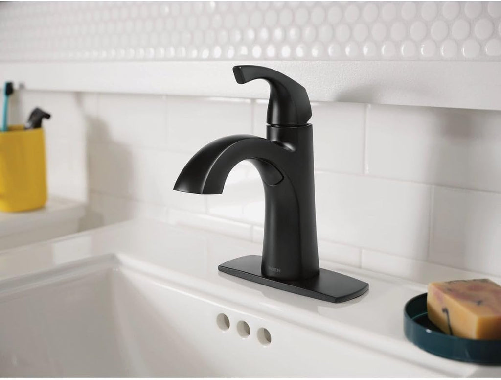 Moen Lindor 84505BL Matte Black 1-Handle Single Hole Bathroom Sink Faucet with Drain and Deck Plate