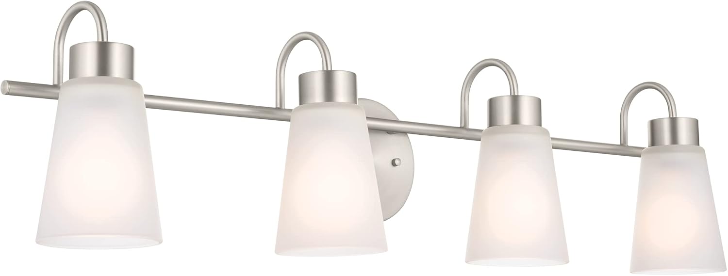Kichler Erma 4-Light Bathroom Vanity Light Fixture with Satin Etched Glass Shades, Brushed Nickel Wall Mount over Mirror Lighting for Bathroom Vanity (32.5' x 8.5' x 6'), 55127NI