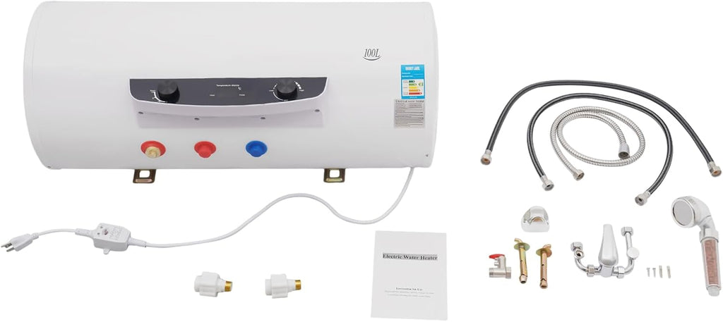 110V 1500W Electric Hot Water Heater, Hung Horizontally Tank Hot Water Heater, 30-75 ℃ Quick Heating, With Pre-Thermostat Knob, On Demand Hot Water Heater for Shower Kitchen Bathroom (100L)