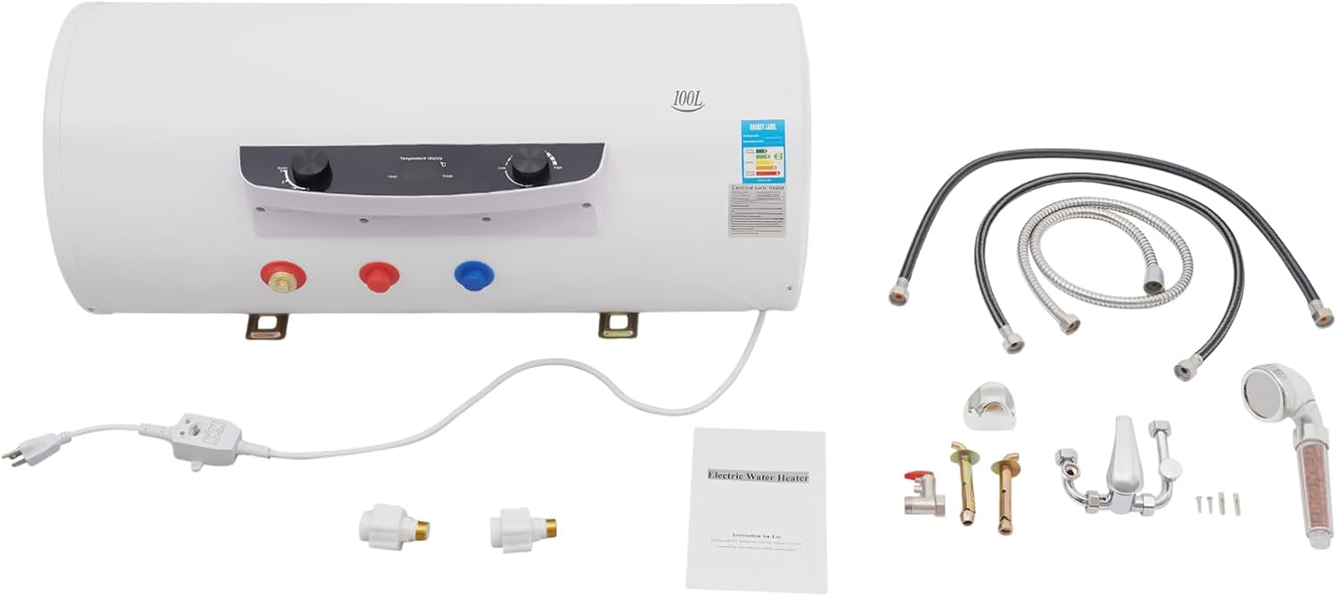 110V 1500W Electric Hot Water Heater, Hung Horizontally Tank Hot Water Heater, 30-75 ℃ Quick Heating, With Pre-Thermostat Knob, On Demand Hot Water Heater for Shower Kitchen Bathroom (100L)