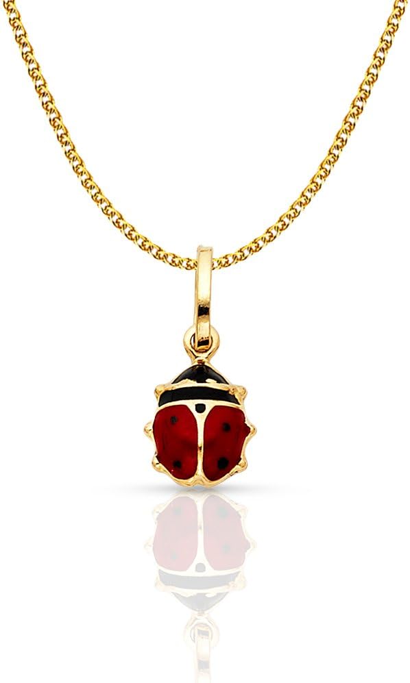 Ioka 14K Yellow Gold Lady Bug Colored Enamel Lucky Charm Pendant with 1.2mm Flat Open Wheat Chain Necklace